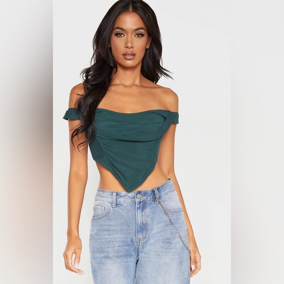 PrettyLittle Thing Corset Mesh Bardot Top - Picture 1 of 7